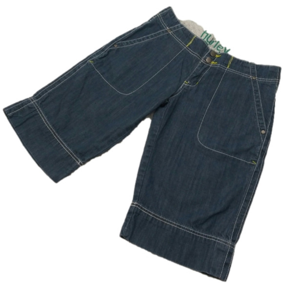 Hurley Pants - Hurley Vintage Junior's Blue Mid Rise Button Zipper Front Cotton Bermuda Short